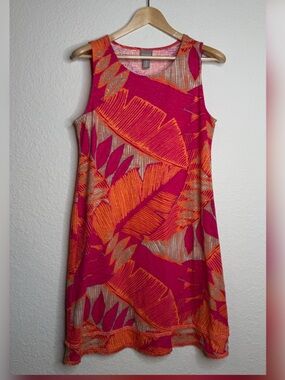 Chico's Size 2 (12 or L ) Tropical Leaf Print Sleeveless Shift Dress Fringe Hem